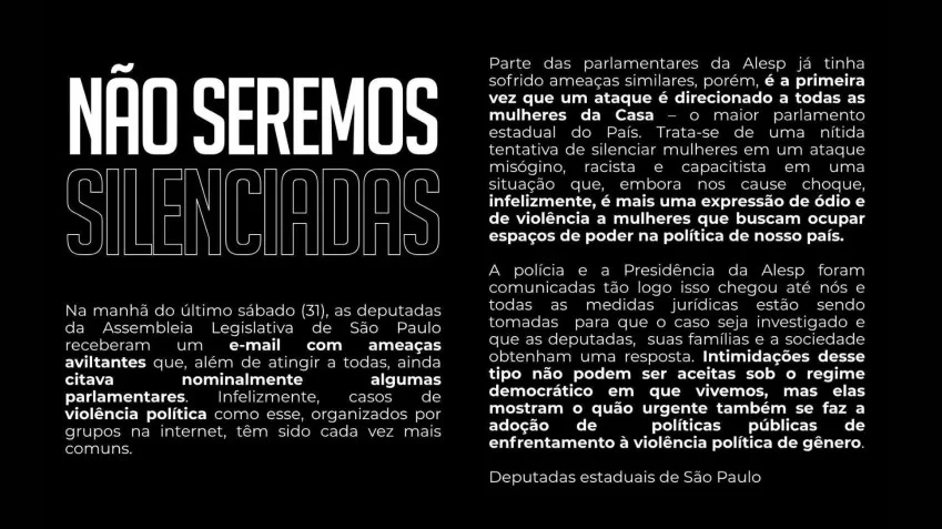 Todas as deputadas estaduais da assembleia de São Paulo (Alesp) foram alvos de ameaças de morte e estupro enviadas por e-mail na manhã do último sábado (31).
