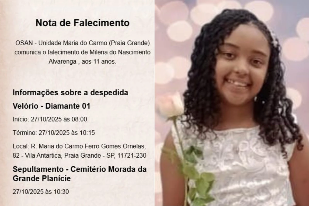 Milena do Nascimento Alvarenga, aluna de 11 anos da escola municipal em Praia Grande, no litoral paulista, faleceu neste domingo (26.out.2025) vítima de meningite bacteriana tipo C.