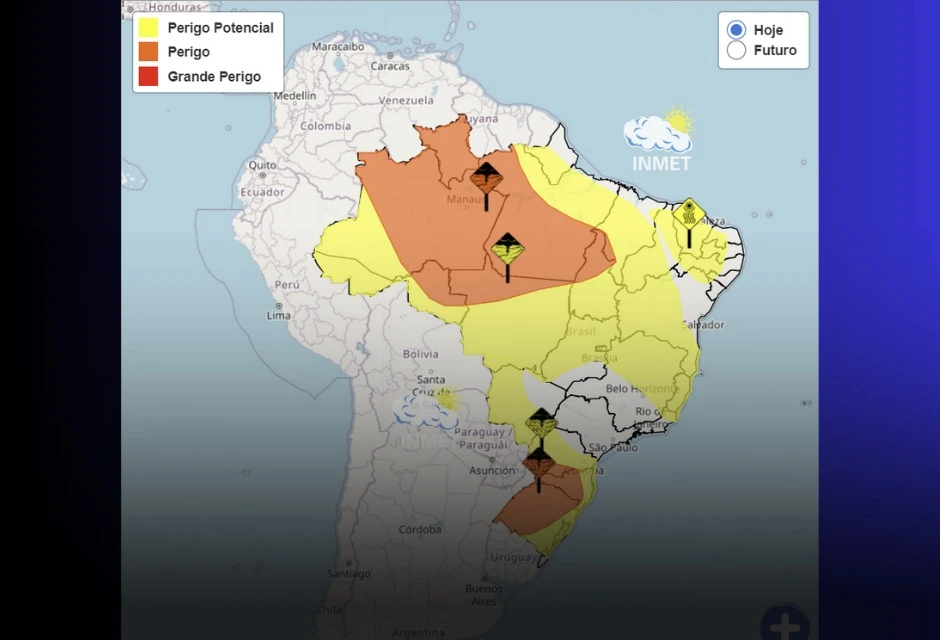 O Inmet mantém, nesta segunda-feira (01.dez.2025), vários avisos de tempo severo em diferentes regiões do país, com risco de chuva intensa, vendavais e episódios de baixa umidade.