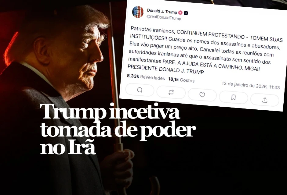 O presidente Donald Trump publicou nesta terça-feira (13) uma mensagem na Truth Social pedindo que iranianos mantenham os protestos e “tomem suas instituições”, além de afirmar que “a ajuda está chegando”. A postagem foi lida por críticos e analistas como um sinal de intervenção política direta na crise iraniana.