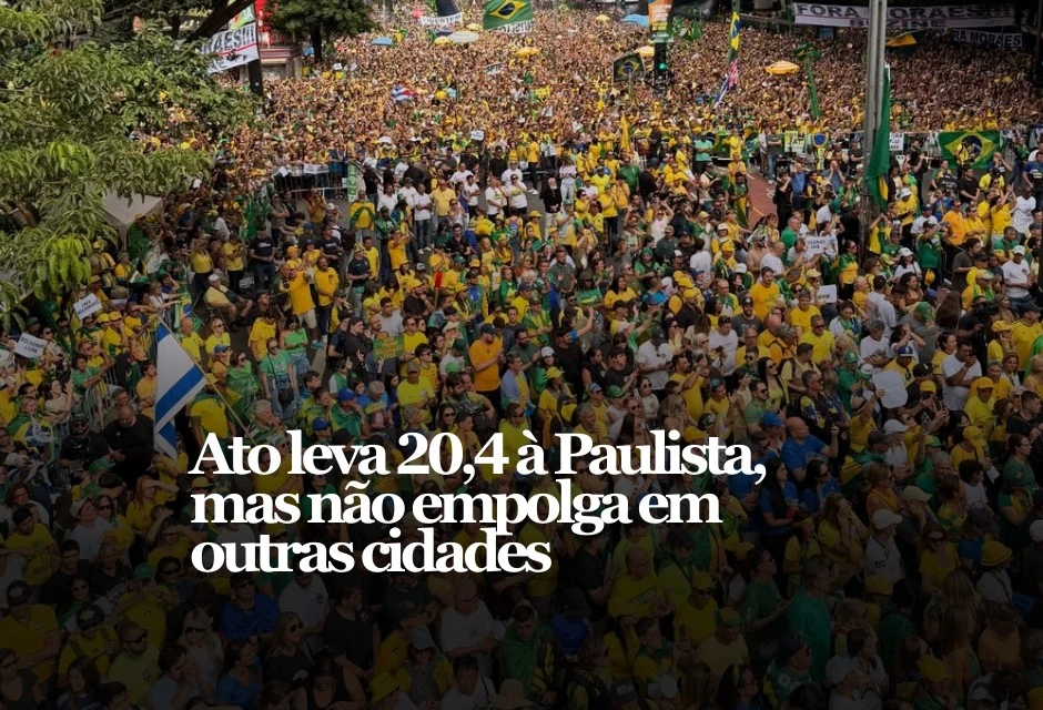 O ato da direita na Avenida Paulista, neste domingo (1º), reuniu cerca de 20,4 mil pessoas, segundo estimativa do Monitor do Debate Político (USP/Cebrap) em parceria com a More in Common.