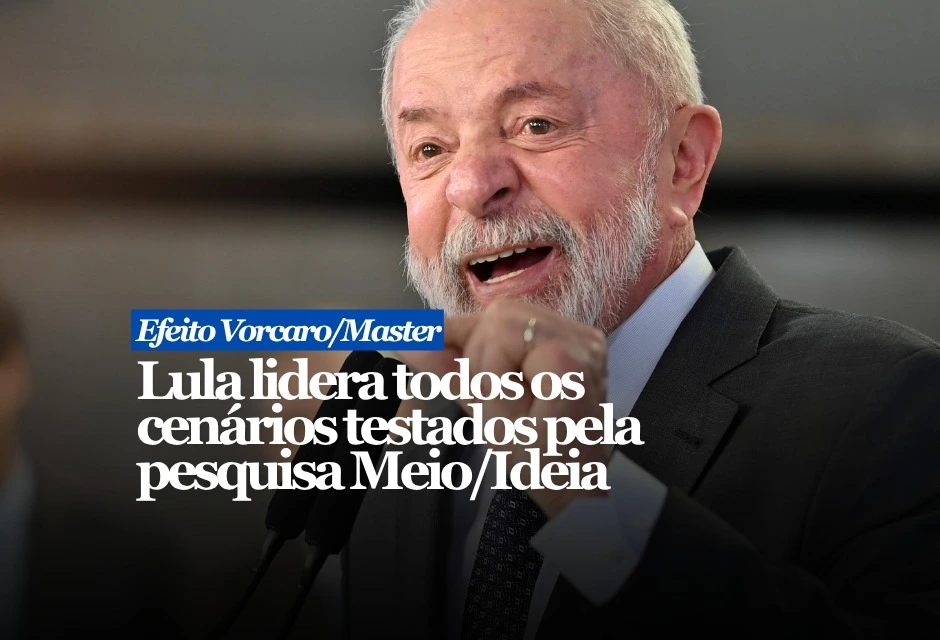 A nova pesquisa Meio/Ideia mostra Lula à frente nos cenários testados para a eleição presidencial de 2026. O levantamento foi divulgado nesta quinta-feira (28). No principal cenário de primeiro turno, o presidente aparece com 38,5% das intenções de voto, contra 31,5% do senador Flávio Bolsonaro. Ronaldo Caiado marca 5,5%, Romeu Zema tem 2,4% e Renan Santos aparece com 2,1%.