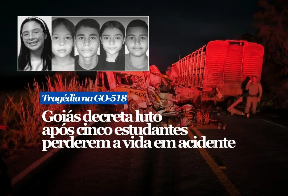 Cinco estudantes do CEPMG 5 de Janeiro, em Sanclerlândia, perderam a vida após a van escolar em que voltavam para Córrego do Ouro bater em um caminhão na GO-518, na região de Buriti de Goiás, na noite de segunda-feira (1º). As vítimas foram identificadas como Lucas Antônio de Souza Dias e Ezequiel Souza Oliveira, ambos de 14 anos; Izadora Monteiro da Silva e Isadora Castro Neves, de 12; e Maria Carolina Sabino Alves, de 11. Os corpos foram liberados na madrugada desta terça-feira (2). Quatro velórios estão previstos no Ginásio de Esportes de Córrego do Ouro, e um em São Luís de Montes Belos.