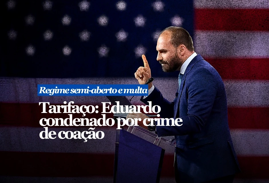 A Primeira Turma do STF condenou, por 4 votos a 0, o ex-deputado Eduardo Bolsonaro pelo crime de coação no curso do processo. A pena foi fixada em quatro anos e dois meses de prisão, em regime inicial semiaberto, além do pagamento de 50 dias-multa. Cada dia-multa equivale a dois salários mínimos, segundo a decisão relatada no julgamento.