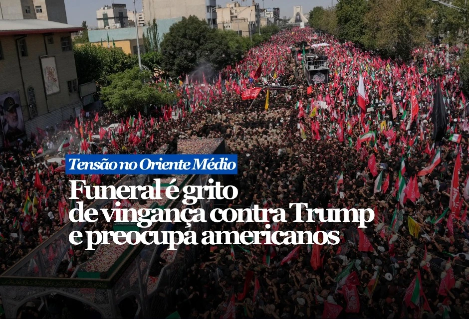 O funeral do aiatolá Ali Khamenei levou uma multidão às ruas de Teerã nesta segunda-feira (6) e transformou o luto oficial em ato direto contra os Estados Unidos. Segundo agências internacionais, manifestantes acompanharam o caminhão com os caixões de Khamenei e de quatro familiares. Durante o cortejo, houve queima de bandeiras dos EUA e do Reino Unido, cartazes contra Donald Trump e pedidos de vingança.