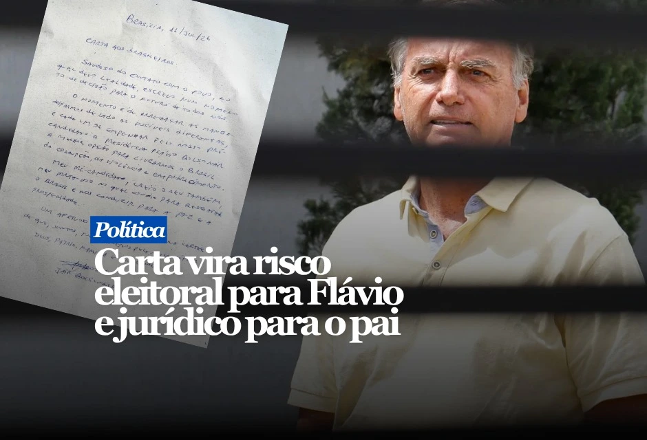 CARTA EXPÕE FALHA DE COMANDO E ABRE DOIS RISCOS JURÍDICOS A carta de Jair Bolsonaro ajudou Flávio a conter a divisão e reafirmar sua candidatura, mas criou problemas que uma revisão jurídica prévia deveria ter identificado. A urgência existe. Lula tinha alianças definidas em 25 estados, contra 14 de Flávio no fim de junho. Nesta segunda, a pesquisa BTG/Nexus mostrou empate técnico no segundo turno, por 47% a 44%. Bolsonaro tentou transferir autoridade ao filho ao chamá-lo de “porta-voz” e pedir empenho pelo “nosso pré-candidato”.