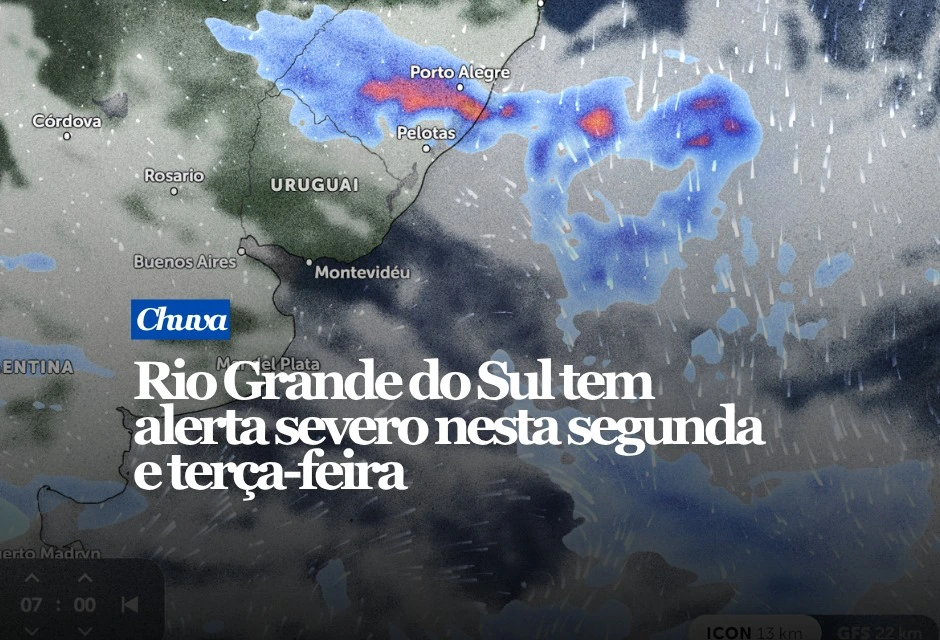 A chuva deve se intensificar no Rio Grande do Sul até quarta-feira (29), com risco de temporais, alagamentos e novos transbordamentos. O estado ainda enfrenta rios elevados e solo encharcado após os volumes registrados na semana passada. Na noite de domingo (26), a Defesa Civil gaúcha mantinha risco muito alto de inundação nos rios Uruguai, em Uruguaiana e Itaqui; dos Sinos, em São Leopoldo; e Jacuí, em Cachoeira do Sul.