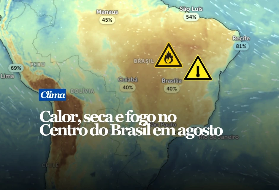 Agosto deve manter longos períodos de calor e baixa umidade no Centro do Brasil, com possibilidade de índices inferiores a 20% nas horas mais quentes. O Instituto Nacional de Meteorologia prevê temperaturas acima da média principalmente no Centro-Oeste. Embora parte de Goiás e Mato Grosso do Sul possa receber chuva acima da média, os volumes normais de agosto já são muito baixos. Frentes frias podem provocar episódios isolados de chuva, sem encerrar a estiagem. Goiás, Mato Grosso, Mato Grosso do Sul, Distrito Federal, Tocantins e áreas do interior de Minas Gerais e São Paulo tendem a enfrentar tardes mais secas.